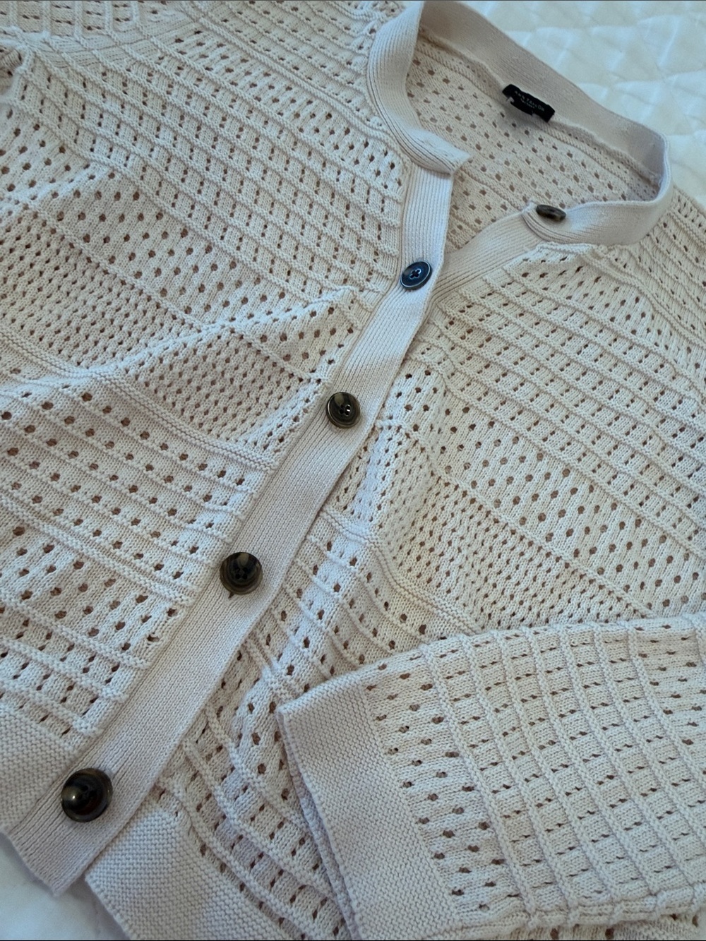Ann Taylor Open-Knit Button Front Cardigan in Beige - Picture 3 of 3